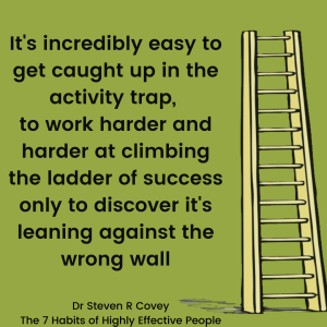 Picture of a ladder with the quote
"It's incredibly easy to get caught up in the activity trap, to work harder and harder at climbing the ladder of success only to discover it's leaning against the wrong wall"
Dr Stephen R Covey
The 7 Habits of Highly Effective People